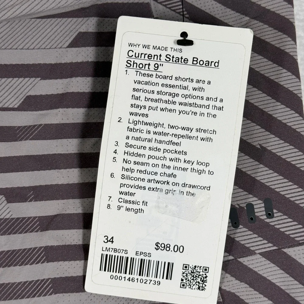 Lululemon‎ Mens Current State Board Short 9 Espresso Striped 34 LM7B07S NEW